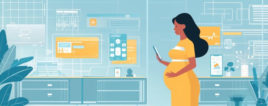 A woman is standing in a room with a computer monitor and a cell phone. She is holding a cell phone in her hand - Powered by Adobe