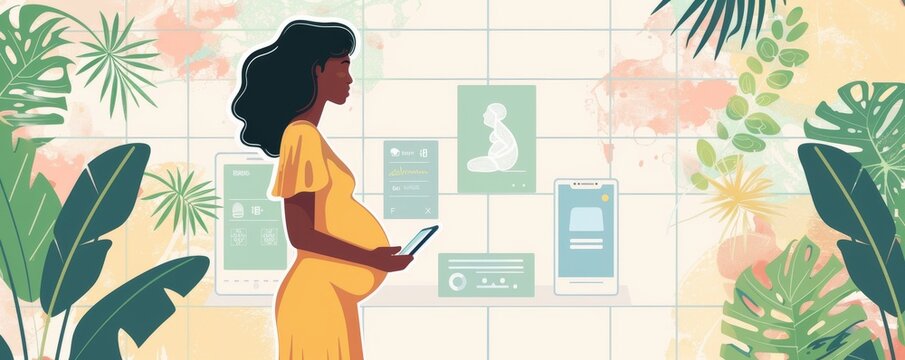 A woman is holding a cell phone while pregnant