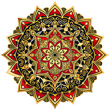 A detailed mandala with gold and red intricate patterns, inspired by Islamic art. Generative AI