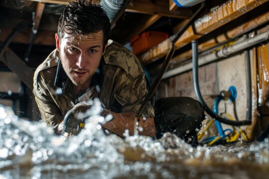 Plumber Fixing Burst Pipe in Flooded Basement - Residential Emergency Repair Concept