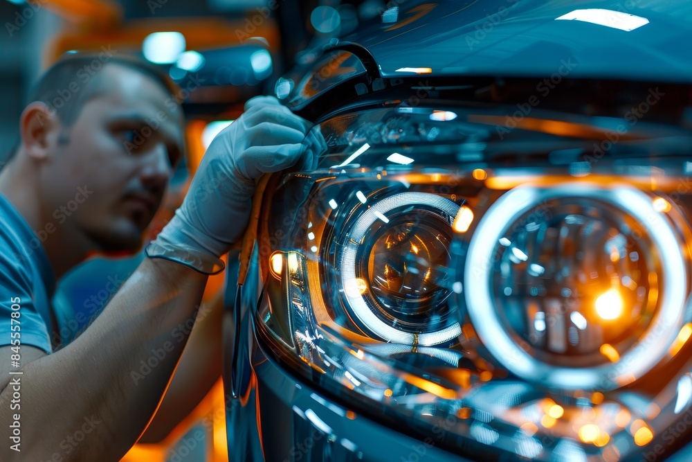 Poster mechanic installing new headlights on a car with precision and care for optimal performance