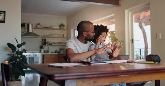 Father, child and teaching with books for counting, mathematics or homework on living room table. Man helping son, little boy or young kid with numbers or addition for education or learning at house