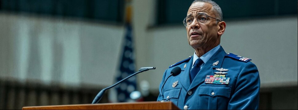 An African American air force general delivering a speech at a podium.