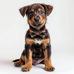 A brown and black puppy wearing a bow tie
