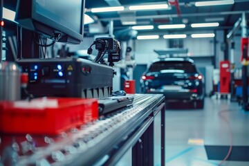 Modern Car Diagnostic Center with Advanced Equipment and Skilled Technicians Analyzing Vehicle Performance