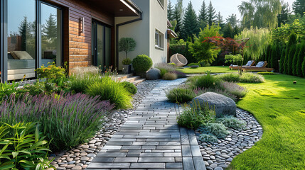 Obraz premium beatifully arranged and designed garden of a modern house, landscape design