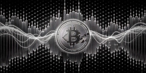 Bitcoin symbol with digital wave patterns binary code background theme cryptocurrency digital finance