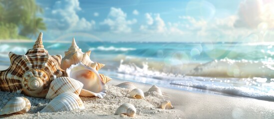Fototapeta premium Tropical Beach Scenery Adorned with Seashells: The Perfect Summer Getaway Setting