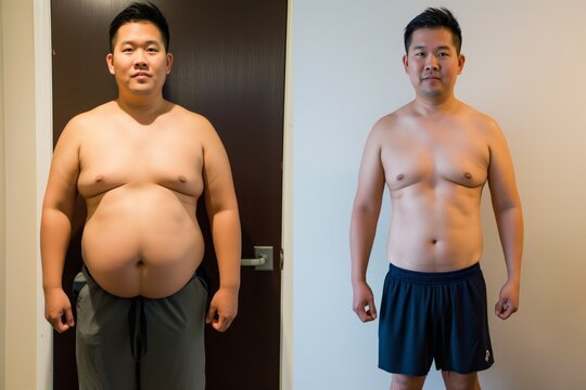 Before and after comparison of a man's weight loss journey, standing confidently.