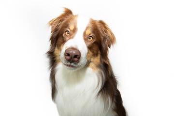 Fototapeta premium Portrait Australian Shepherd dog puppy tilting head side. Isolated on white background