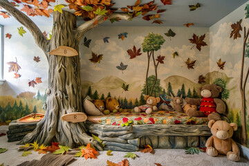 A woodland-themed kid's room with a tree bed, forest animals stuffed toys, and walls painted with trees and leaves