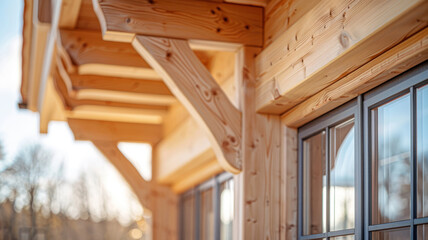Obraz premium Wooden beams and windows on a cabin exterior