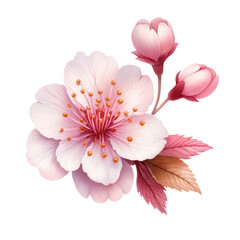 Watercolor illustration clipart of a soft pink cherry blossom isolated on transparent background