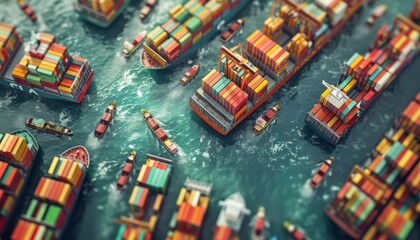 International Trade, Illustrating the exchange of goods and services between countries, featuring ports, customs facilities, and trading hubs