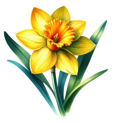 Fototapeta premium Watercolor illustration clipart of a cheerful yellow daffodil isolated on transparent background