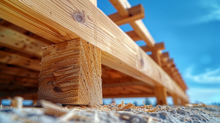 Wooden beams and sawdust at a construction site.