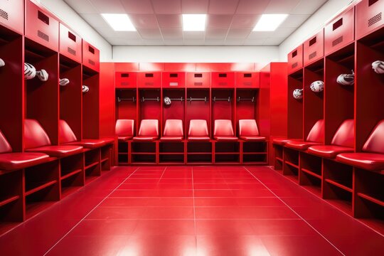 Sleek Football Locker Room: Red Walls, White Lockers