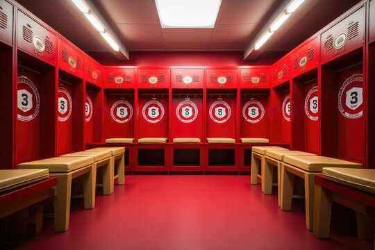 Athletic Elegance: Red & White Football Locker Room - Powered by Adobe