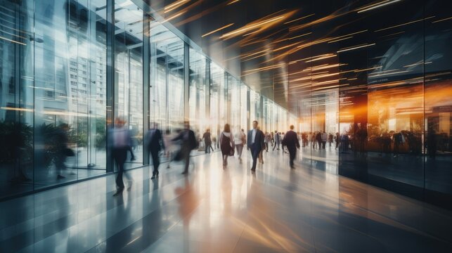 Rapid Office Commute: Abstract Crowd Blur in Bright Space - Powered by Adobe