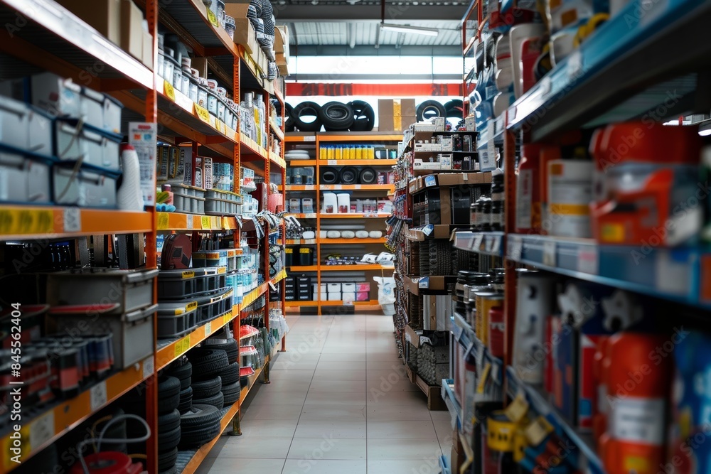 Poster organized auto parts store with neatly arranged shelves for efficient browsing and purchasing