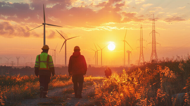 rear view of engineers at eolic park for maintenance, on a sunset