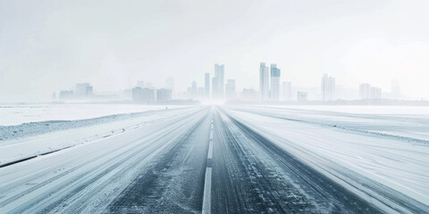 A highway with a city skyline in the distance and snow-covered ground is set against a white backdrop, presenting a winter scenery.