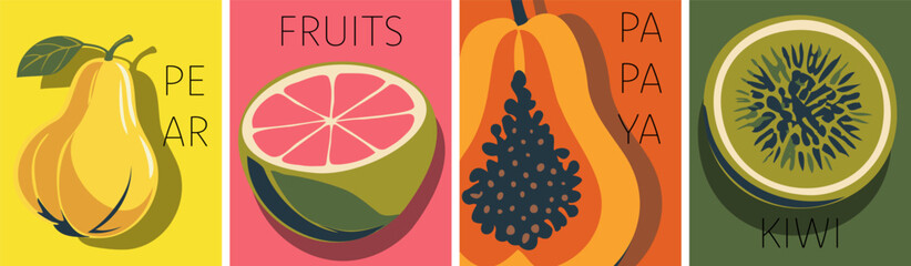 Kiwi, papaya, pear, and lime fruits are artistically rendered in a vector minimalist geometric flat illustration. These abstract, summery, tropical fruits and berries are ideal for posters, labels