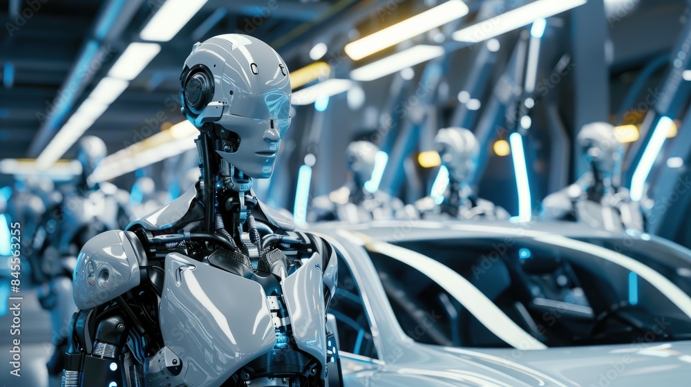 Poster a group of ai robots assembling a car in an advanced automotive factory.