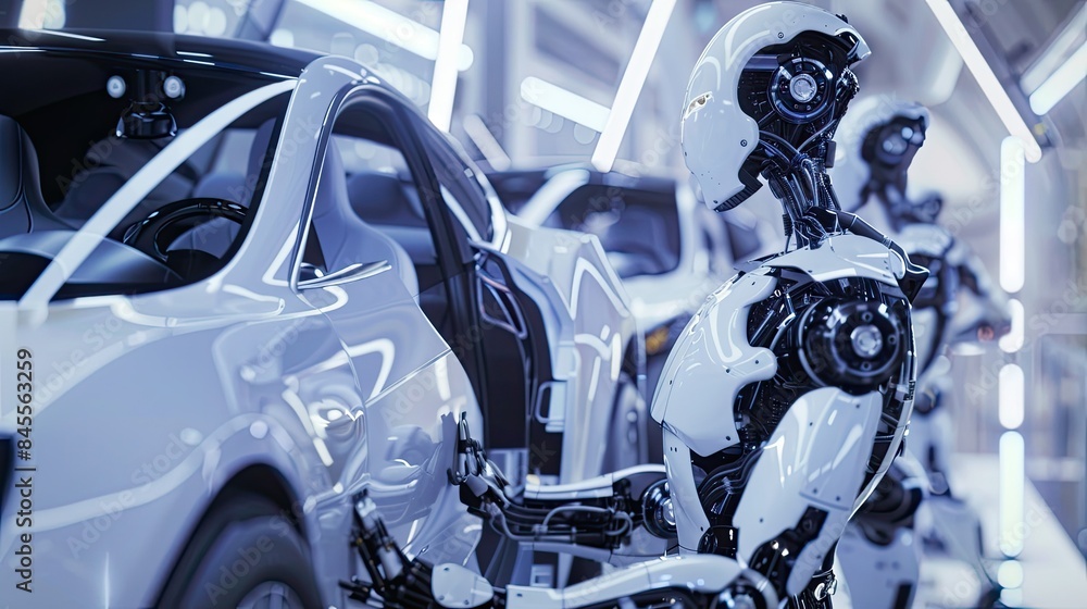 Poster a group of ai robots assembling a car in an advanced automotive factory.