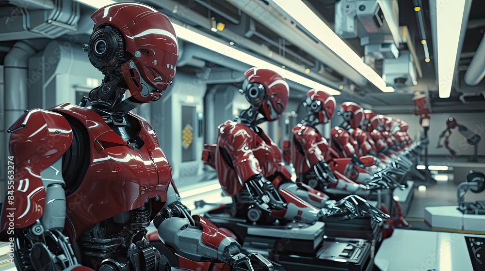 Poster a group of ai robots assembling a car in an advanced automotive factory.