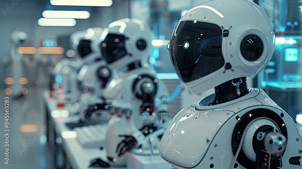 Poster a group of ai robots learning and interacting in a state-of-the-art laboratory.