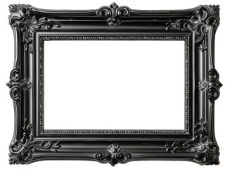 A black, intricately designed picture frame against a white background, showcasing elegant and classic decor