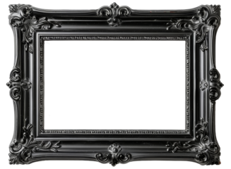 A black, intricately designed picture frame against a white background, showcasing elegant and classic decor