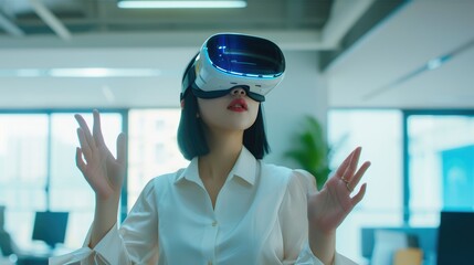 Futuristic Office: Young Woman Engaged with VR Innovation