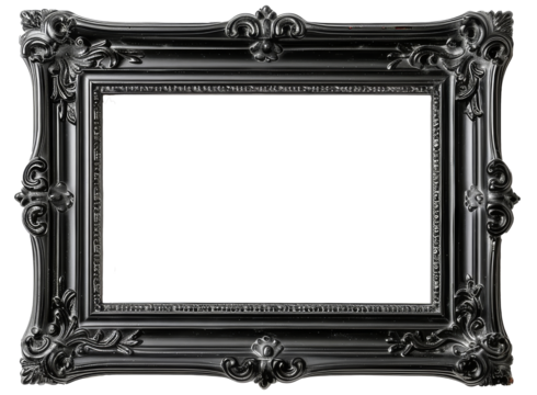A black, intricately designed picture frame against a white background, showcasing elegant and classic decor