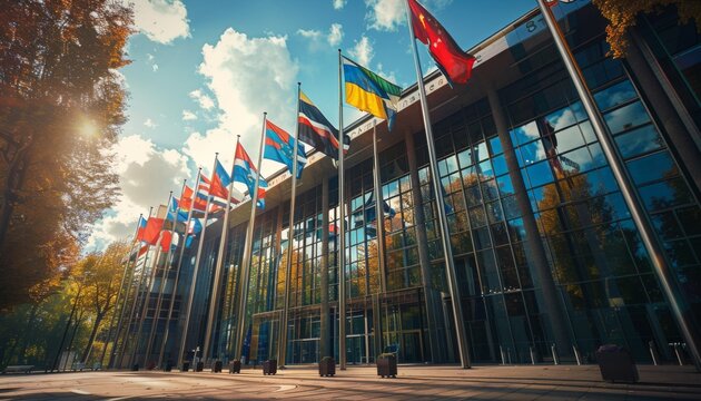 An exterior shot of a modern corporate building with flags from different countries, symbolizing the presence of a multinational corporation