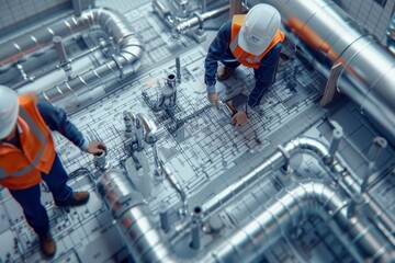 Plumbers Installing Complex Pipe Network in Commercial Building with Blueprints and Schematics