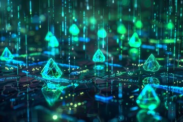 Abstract representation of a futuristic digital network, with glowing green and blue geometric shapes, symbolizing technology and connectivity