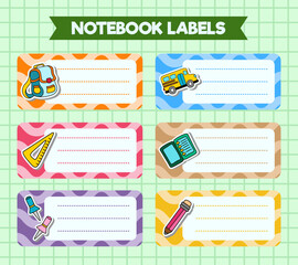 Vector notebook labels. icons of school subjects. colorful vector design