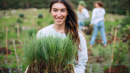 young caucasian woman holding fresh Cipres plants from the forest, plantation, save the planet