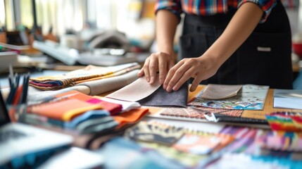Artisanal Touch: Hands Amidst Fabric and Sketches