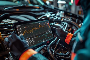 Mechanic Analyzing Engine Diagnostic Data on Tablet for Auto Repair and Maintenance