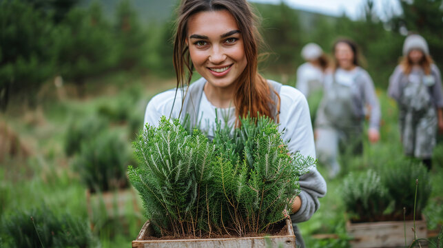 young caucasian woman holding fresh Cipres plants from the forest, plantation, save the planet