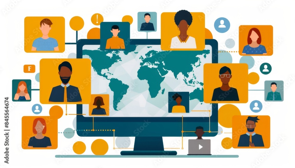 Aufkleber a virtual conference call showing multiple participants from various countries on a computer screen.