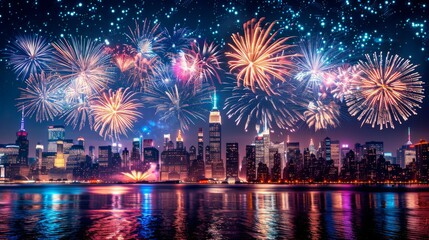Fototapeta premium Fireworks Over City: Stunning display of fireworks lighting up the night sky over an American city. The city buildings are illuminated by the bursts of color, creating a vibrant and patriotic scene.