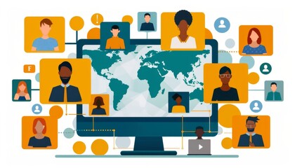 A virtual conference call showing multiple participants from various countries on a computer screen. Each participant is in a different location, showcasing a global partnership through technology