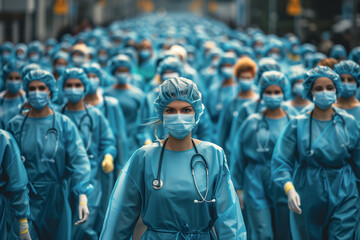 A large group of healthcare professionals, all dressed in blue scrubs, walk together in unison. Female doctor in the forefront, symbolizing unity and strength in the medical community.