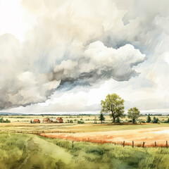 Fototapeta premium A watercolor painting of a rural landscape featuring fields, trees, and distant farmhouses, with an approaching storm and dramatic sky.