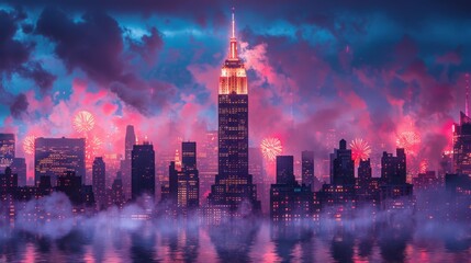 Fototapeta premium Fireworks Over City: Stunning display of fireworks lighting up the night sky over an American city. The city buildings are illuminated by the bursts of color, creating a vibrant and patriotic scene.