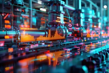 Futuristic Factory Production Line with Digital Displays